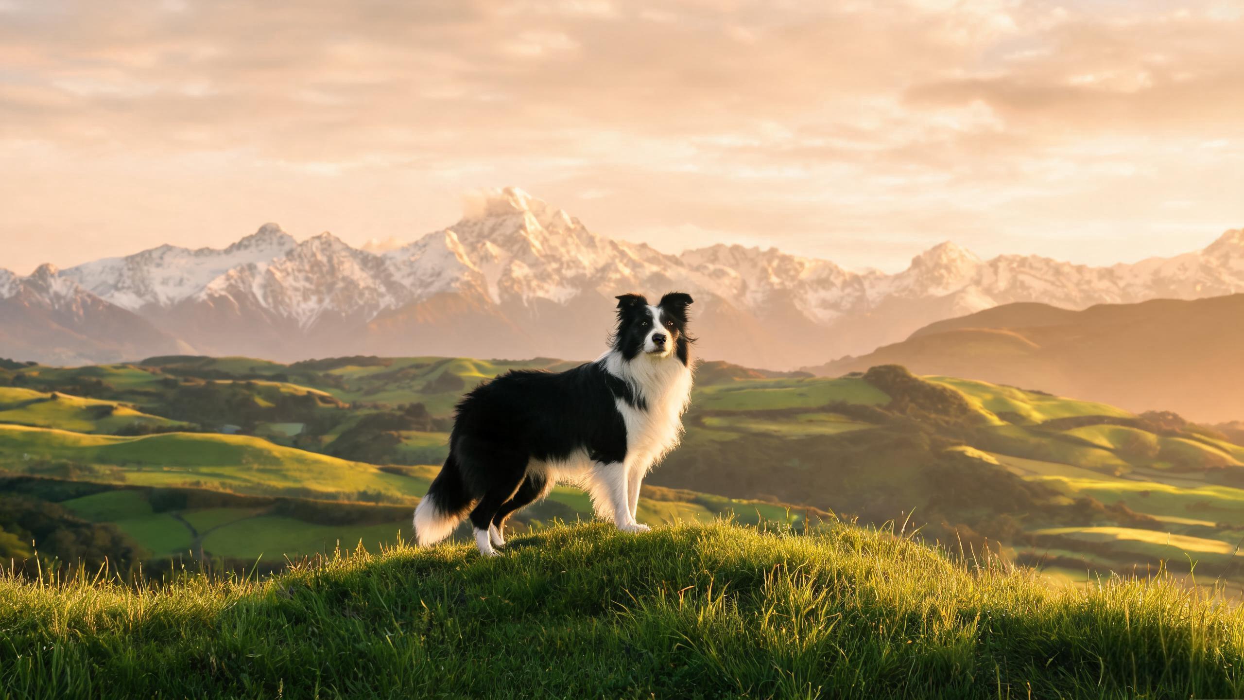 Border collie on New Zealand hillside at golden hour
